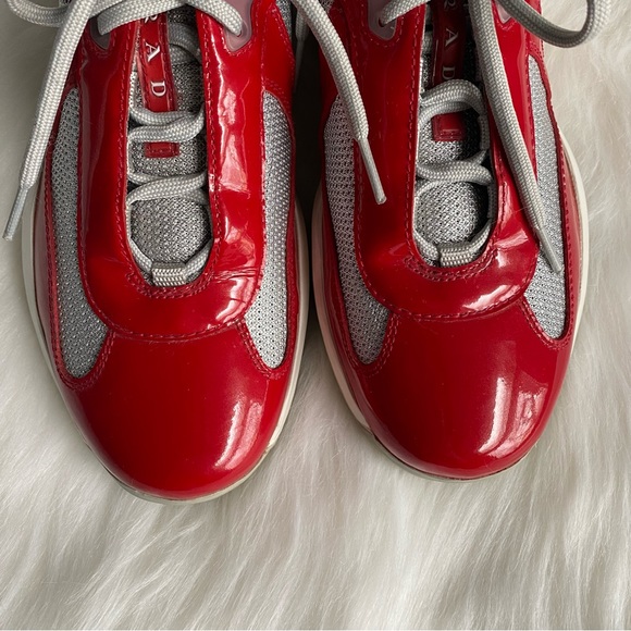 Prada America’s Cup Red Patent Leather & Silver Mesh Lace-Up Men’s Sneakers - Picture 2 of 16